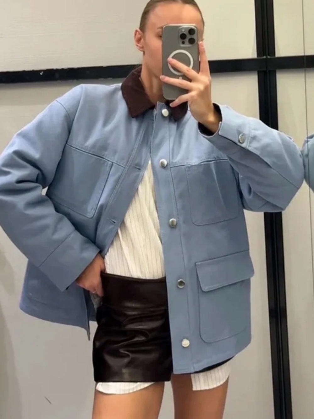 Zara Quilted jacket with contract collar sky blue